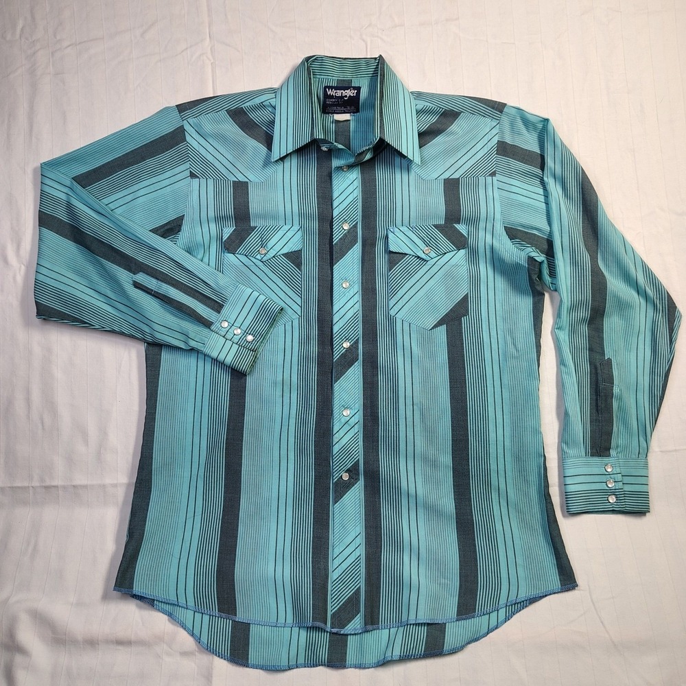 Wrangler Cowboy Cut Western Shirt 16-34 Teal Grey Striped Pearl Snap XL Tail